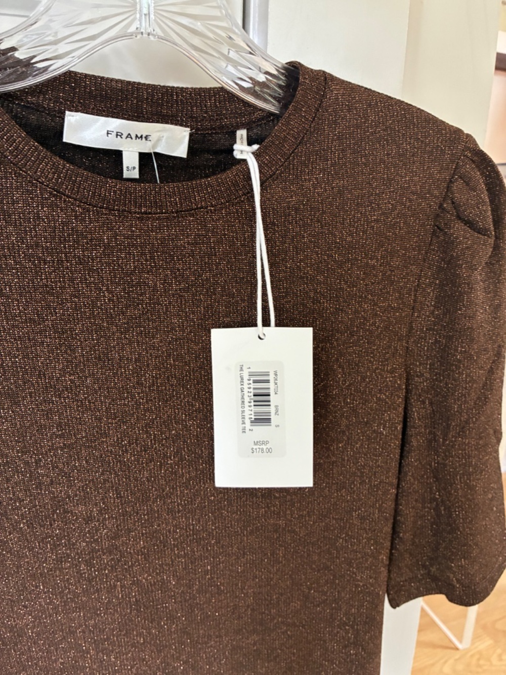 FRAME Gathered Sleeve Lurex Metallic Top Bronze Small NWT $178 - Picture 2 of 3